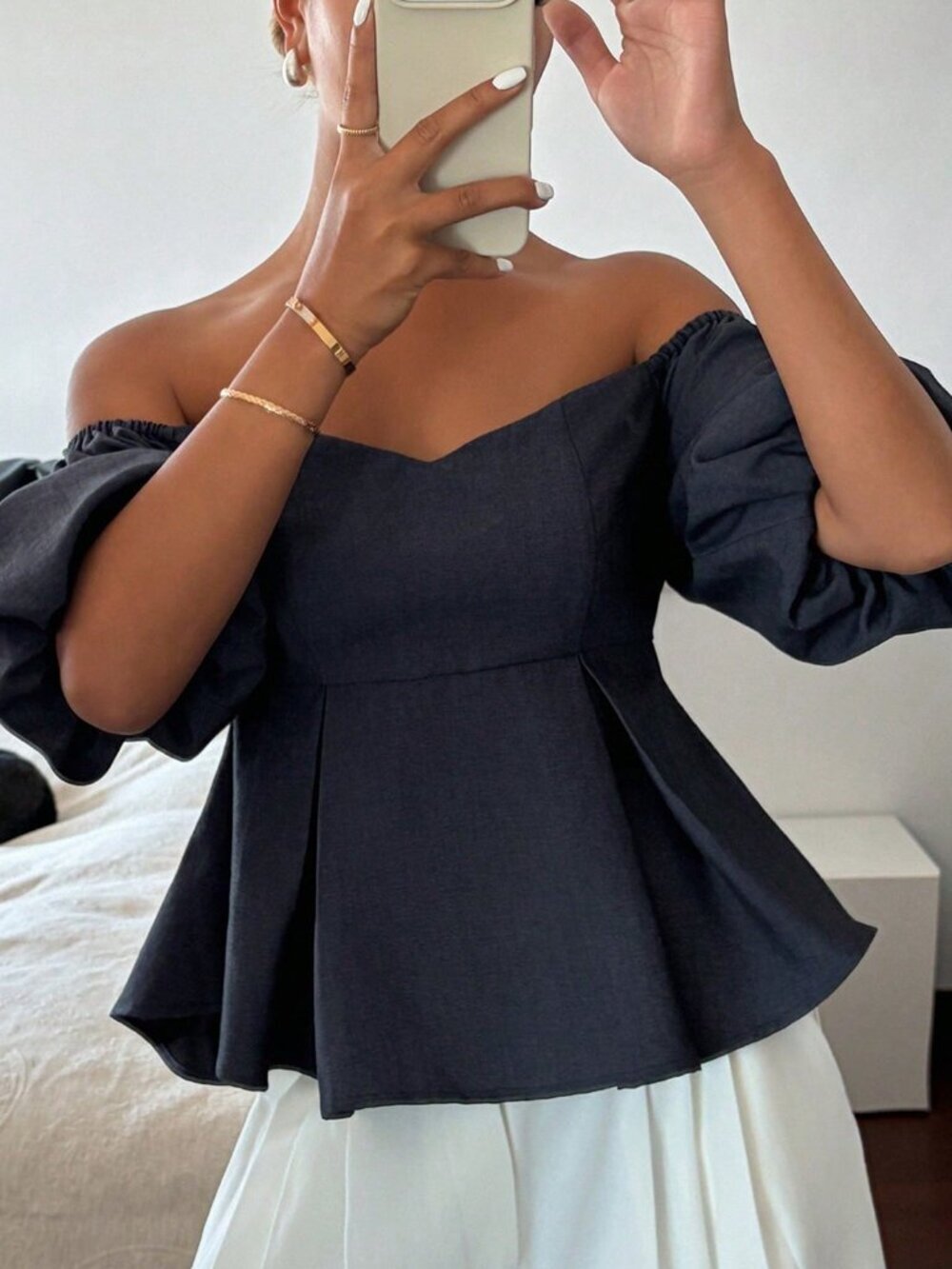 Navy Blue Casual Women's Denim-Effect Puff Sleeve Off-Shoulder Pullover Top - Picture 4 of 8